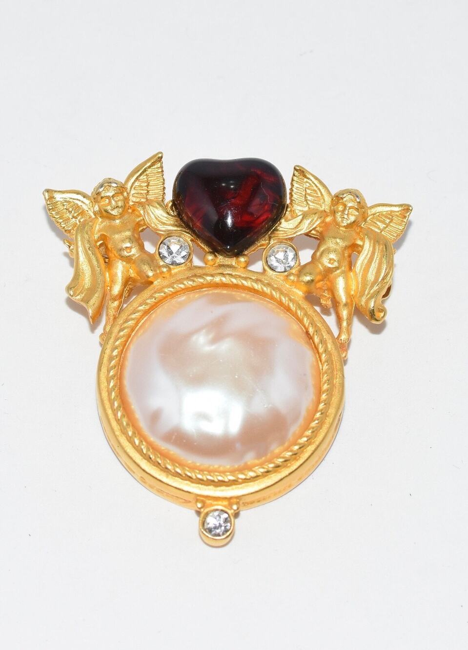 Givenchy Paris Rhinestone Faux Pearl Glass Red Heart Cherub Angel Brooch